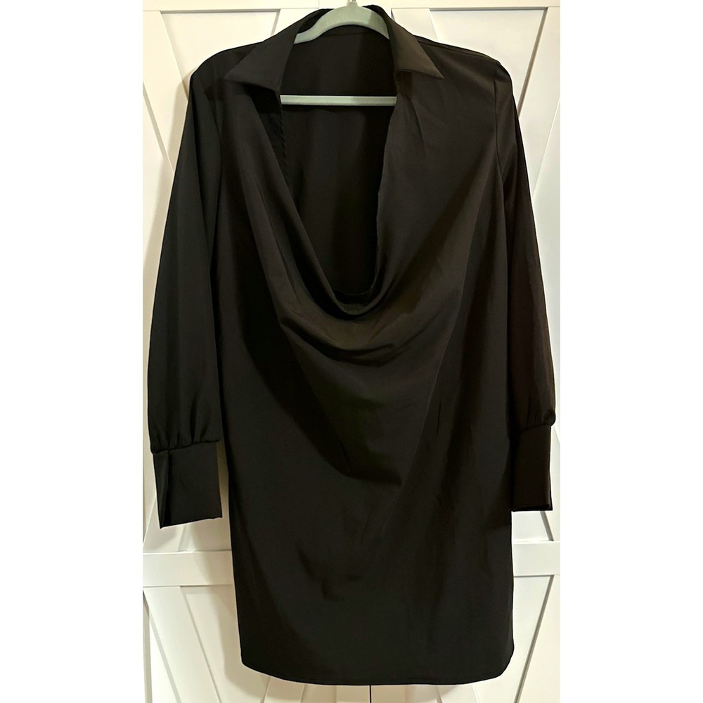SHEIN Women's Black Solid Shift Dress Short Cowl Neck Long Sleeve Regular L